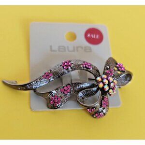 Ladies Multi-Color Red Rhinestone & crystal Bow Shape Brooch 3" x 1 3/4"